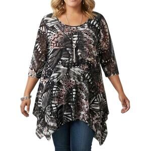 Avenue NEW Butterfly Tunic Womens Size 20 Black Pink Asymmetrical Flowy Top NWT